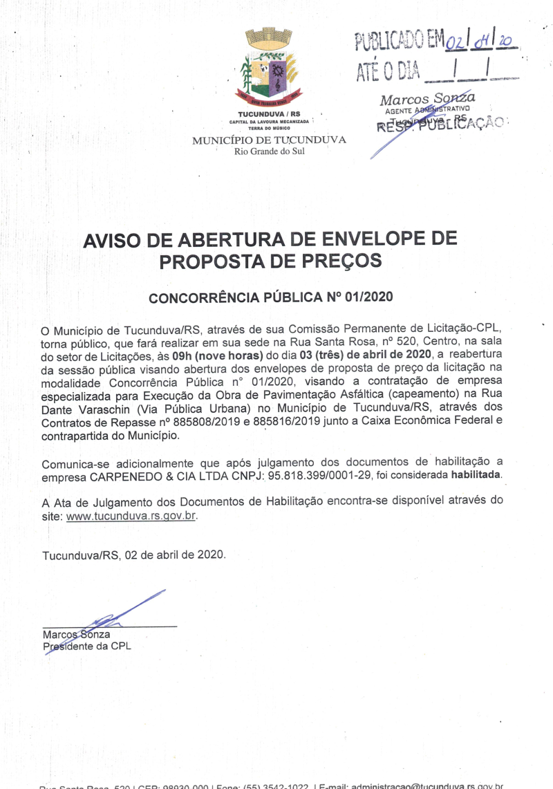 AVISO DE ABERTURA DO ENVELOPE DE PROPOSTA CNC Nº 01/2020